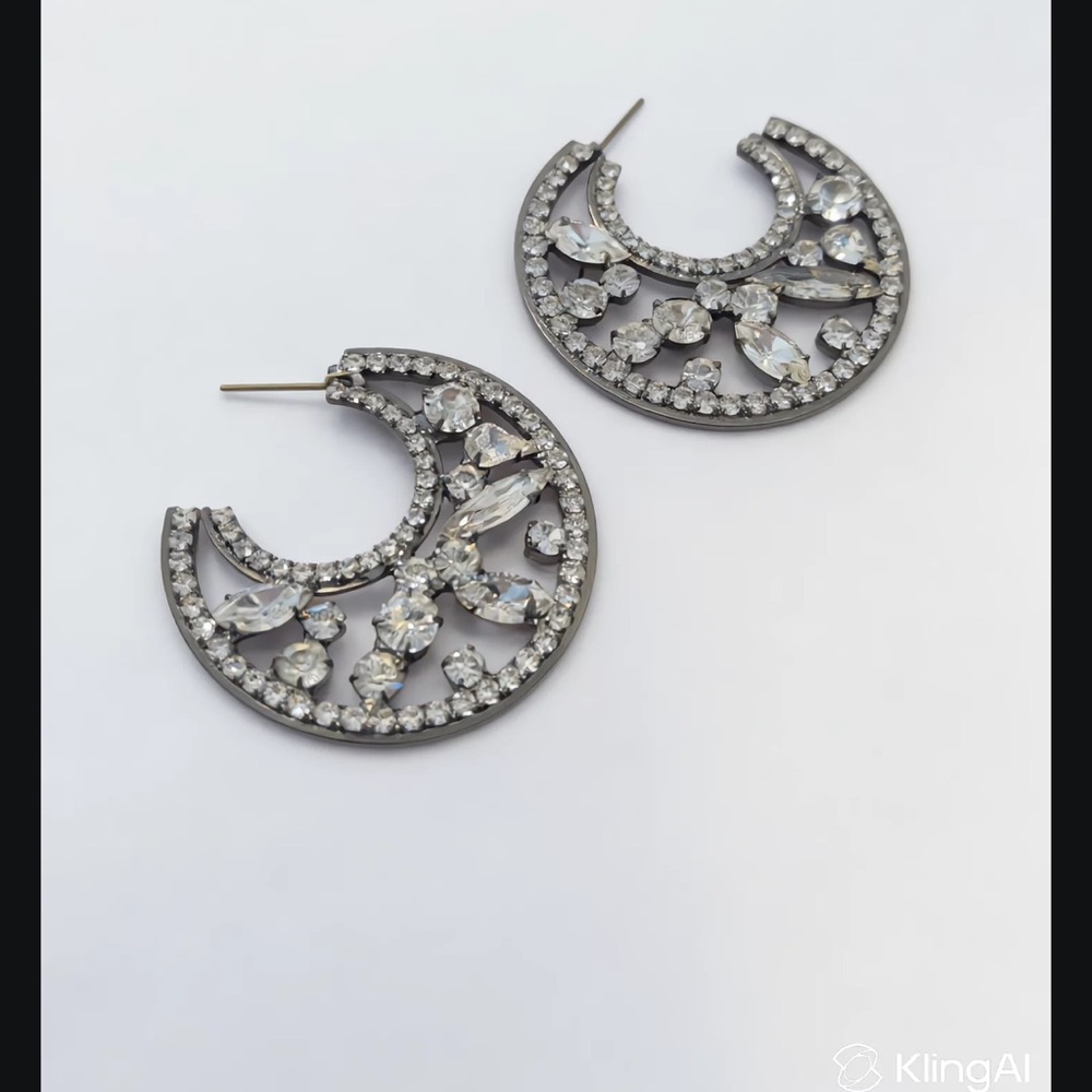 Crystal Crescent Hoop Earrings - Rhinestone Statement
